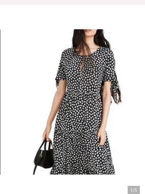 Madewell Black & White Tie-sleeve Midi Dress With Woodcut Flowers Sz Small